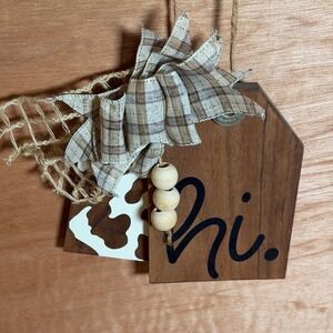 Farmhouse Wood House Sign Hi Cow Print Bow Door Hanger vinyl decor rustic